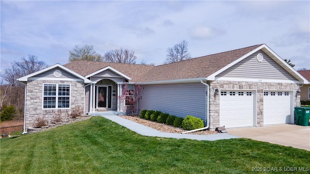 4715 Inlet Ln, Osage Beach, MO 65065 - ranch-style home featuring stone siding, a front yard, a garage, and concrete driveway
