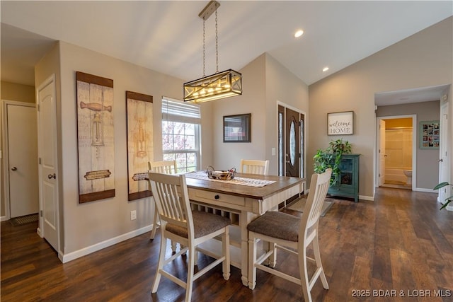 4715 Inlet Ln, Osage Beach, MO 65065 - dining room featuring baseboards, dark wood finished floors, vaulted ceiling, and recessed lighting
