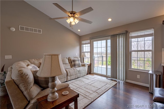 4715 Inlet Ln, Osage Beach, MO 65065 - living area featuring healthy amount of natural light, a ceiling fan, baseboards, dark wood-type flooring, and recessed lighting