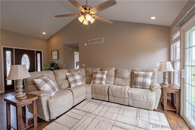 4715 Inlet Ln, Osage Beach, MO 65065 - living area with ceiling fan, wood finished floors, high vaulted ceiling, and recessed lighting