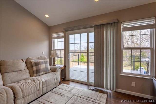 4715 Inlet Ln, Osage Beach, MO 65065 - living area featuring baseboards, wood finished floors, recessed lighting, and lofted ceiling