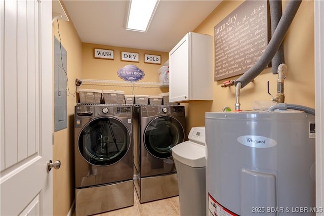 4715 Inlet Ln, Osage Beach, MO 65065 - laundry room with cabinet space, water heater, washing machine and clothes dryer, electric panel, and light tile patterned floors