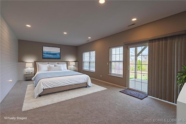 4715 Inlet Ln, Osage Beach, MO 65065 - carpeted bedroom with access to exterior, recessed lighting, baseboards, and wooden walls