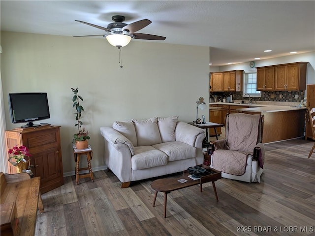 1001 Ha Ha Tonka Rd, Camdenton, MO 65020 - living room with wood finished floors, a ceiling fan, and recessed lighting