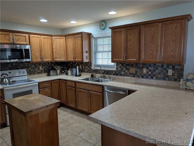 1001 Ha Ha Tonka Rd, Camdenton, MO 65020 - kitchen featuring stainless steel appliances, a sink, light tile patterned floors, butcher block countertops, and tasteful backsplash