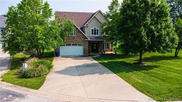 915 Bear Cave Way, Camdenton, MO 65020 - view of front of property featuring stone siding, concrete driveway, a garage, and a front lawn