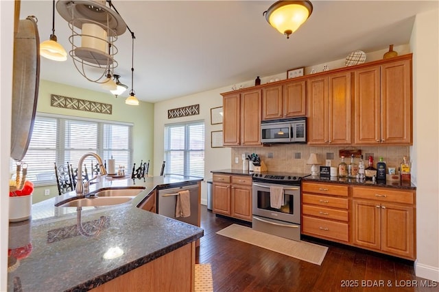 915 Bear Cave Way, Camdenton, MO 65020 - kitchen with appliances with stainless steel finishes, a sink, dark wood-style floors, decorative backsplash, and brown cabinets