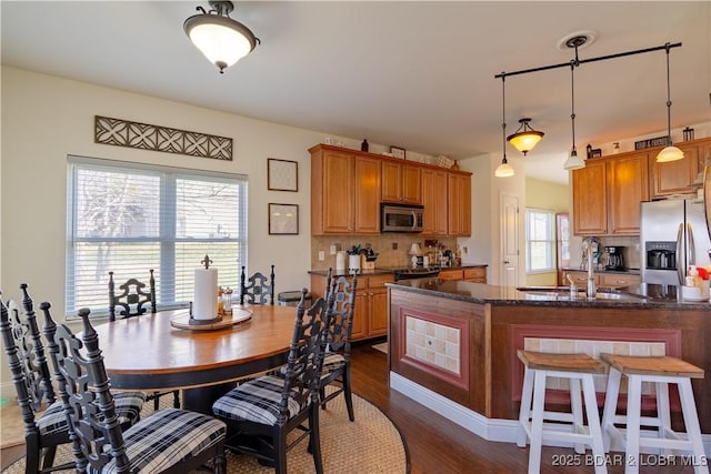 915 Bear Cave Way, Camdenton, MO 65020 - kitchen featuring stainless steel appliances, a sink, tasteful backsplash, and dark wood-type flooring