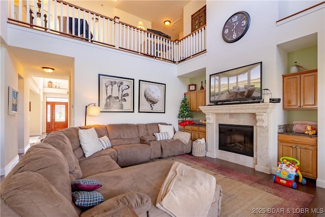 915 Bear Cave Way, Camdenton, MO 65020 - living area with a towering ceiling, wood finished floors, a premium fireplace, and baseboards