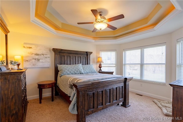 915 Bear Cave Way, Camdenton, MO 65020 - bedroom featuring a raised ceiling, multiple windows, light carpet, and baseboards