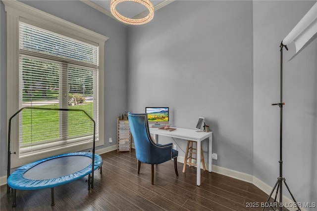 5938 N Chatham Ave, Kansas City, MO 64151 - home office with baseboards, dark wood-style floors, and crown molding