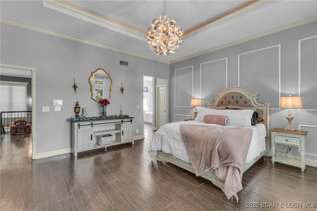 5938 N Chatham Ave, Kansas City, MO 64151 - bedroom with a chandelier, a tray ceiling, crown molding, dark wood-type flooring, and baseboards
