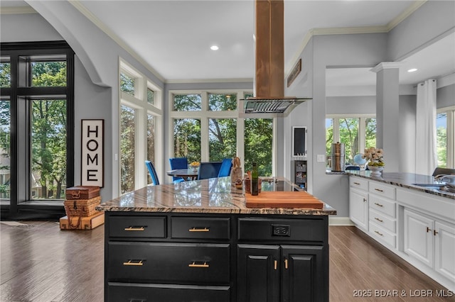 5938 N Chatham Ave, Kansas City, MO 64151 - kitchen featuring dark cabinetry, white cabinetry, light stone countertops, ornamental molding, and dark wood-type flooring