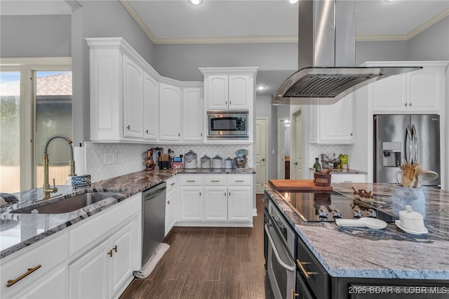 5938 N Chatham Ave, Kansas City, MO 64151 - kitchen with stainless steel appliances, a sink, island range hood, light stone countertops, and white cabinets