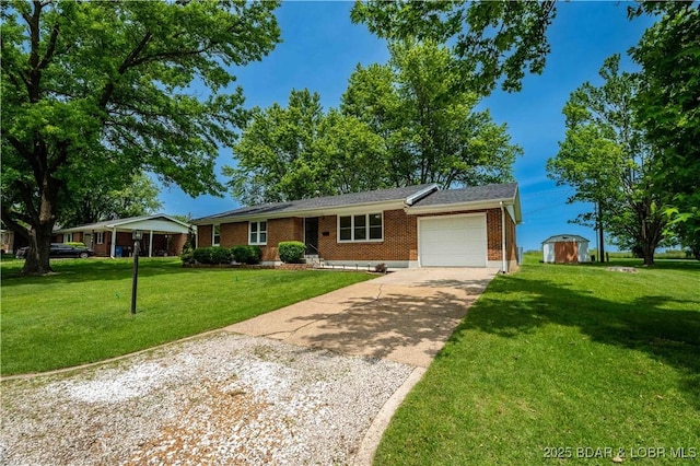 107 Haynes St, Eldon, MO 65026 - ranch-style home featuring concrete driveway, an attached garage, brick siding, and a front yard