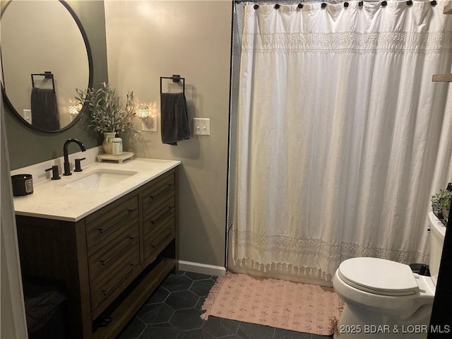 301 Burke St, Versailles, MO 65084 - bathroom with toilet, vanity, tile patterned floors, a shower with shower curtain, and baseboards