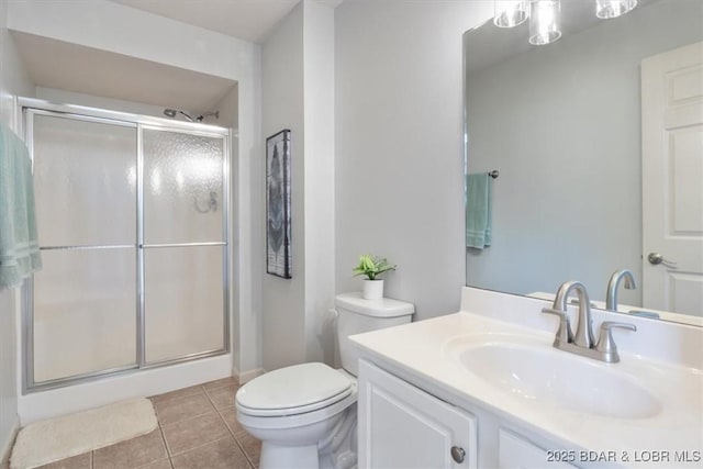 4800 Eagleview Dr Unit 115B, Osage Beach, MO 65065 - full bathroom with a shower stall, vanity, tile patterned flooring, and toilet