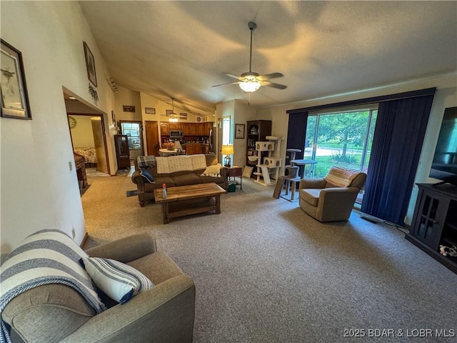 104 Tower View Dr, Versailles, MO 65084 - living area with carpet floors, ceiling fan, and vaulted ceiling