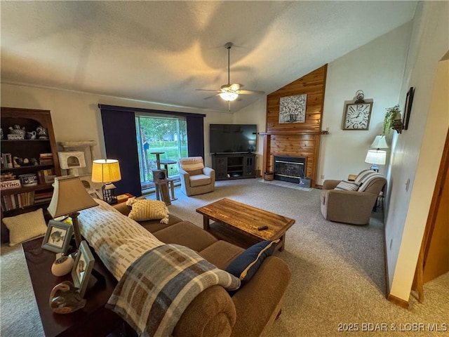 104 Tower View Dr, Versailles, MO 65084 - carpeted living area featuring a large fireplace, a ceiling fan, and high vaulted ceiling