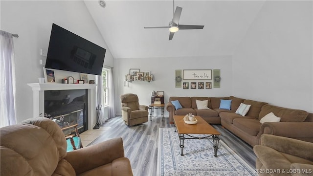 166 Joy Cir, Camdenton, MO 65020 - living room with a ceiling fan, wood finished floors, and high vaulted ceiling