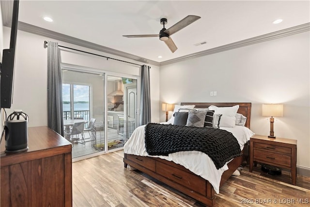 1184 Jeffries Rd Unit 312, Osage Beach, MO 65065 - bedroom featuring ornamental molding, access to exterior, wood finished floors, ceiling fan, and recessed lighting