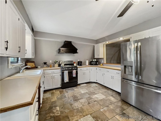 75 Central Hill Rd, Eldon, MO 65026 - kitchen featuring stainless steel appliances, custom exhaust hood, stone finish floors, and white cabinets