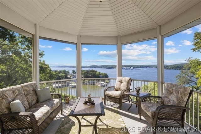 549 Cedar Rd, Lake Ozark, MO 65049 - sunroom with a water view, an outdoor hangout area, and plenty of natural light