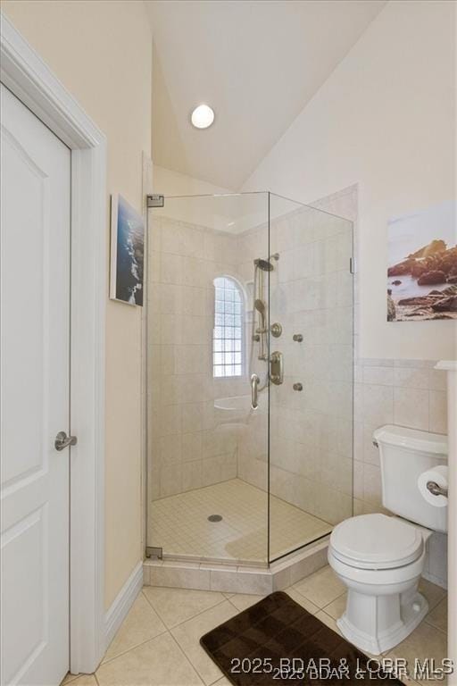 549 Cedar Rd, Lake Ozark, MO 65049 - full bath featuring vaulted ceiling, tile patterned floors, a stall shower, and toilet