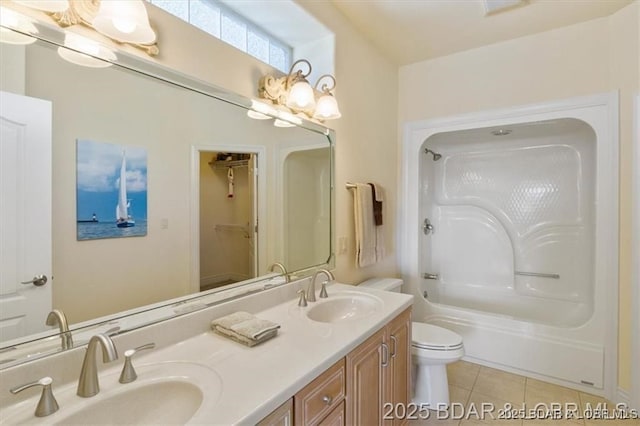 549 Cedar Rd, Lake Ozark, MO 65049 - bathroom featuring toilet, tile patterned flooring, double vanity, and shower / washtub combination