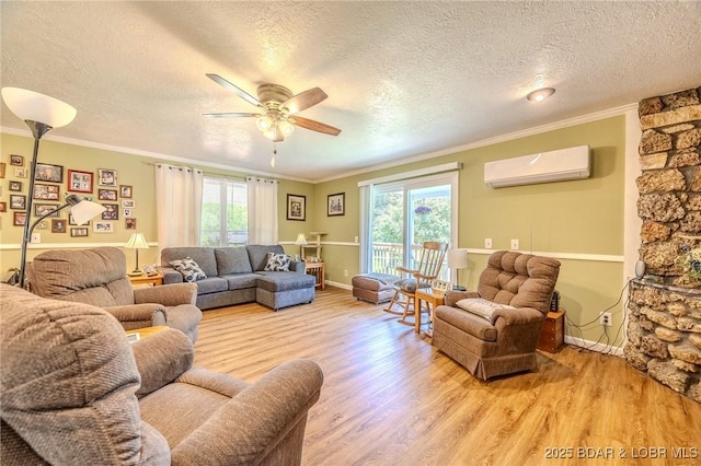 15852 Kindling Rd, Eldridge, MO 65463 - living area with a wall unit AC, light wood-style floors, a ceiling fan, ornamental molding, and a textured ceiling
