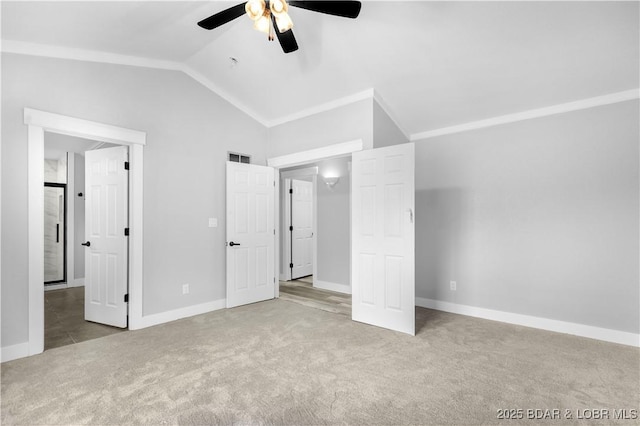 64 Oriole Ct, Lake Ozark, MO 65049 - unfurnished bedroom with carpet flooring, lofted ceiling, baseboards, and ceiling fan