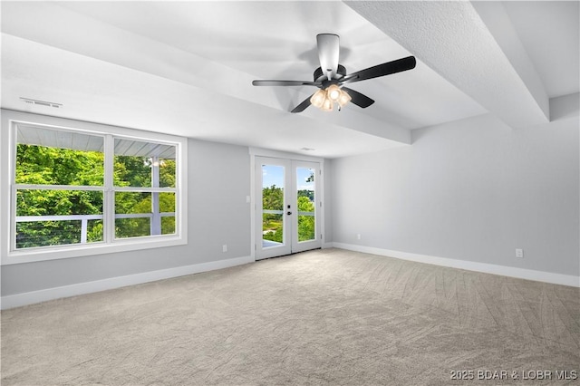 64 Oriole Ct, Lake Ozark, MO 65049 - spare room featuring baseboards, french doors, carpet flooring, and a ceiling fan