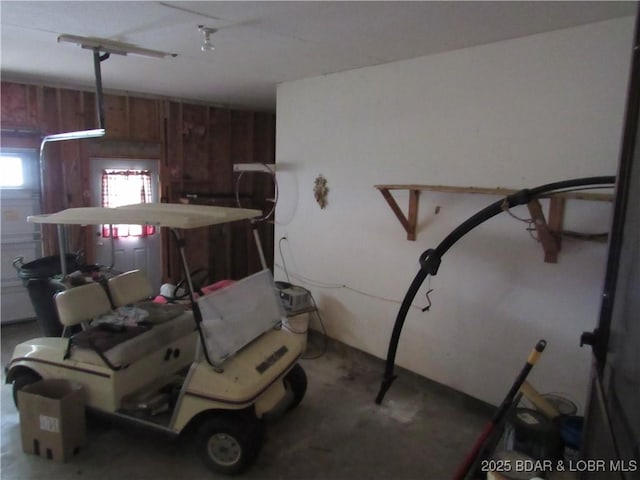 garage featuring wood walls