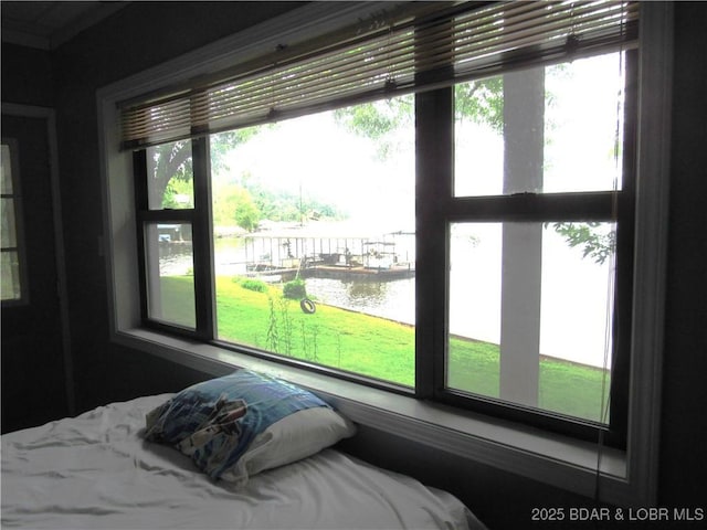 bedroom featuring a water view