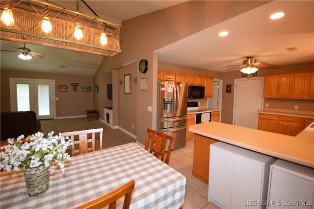 189 S Branch Ln, Eldon, MO 65026 - dining area featuring ceiling fan, baseboards, recessed lighting, lofted ceiling, and light tile patterned floors