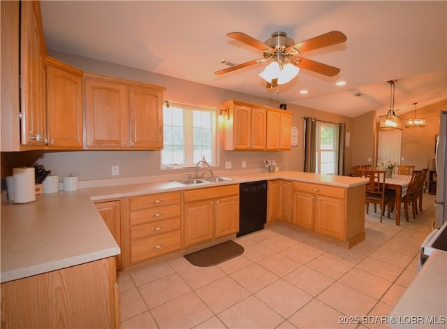 189 S Branch Ln, Eldon, MO 65026 - kitchen with dishwasher, a sink, a peninsula, light brown cabinets, and light countertops