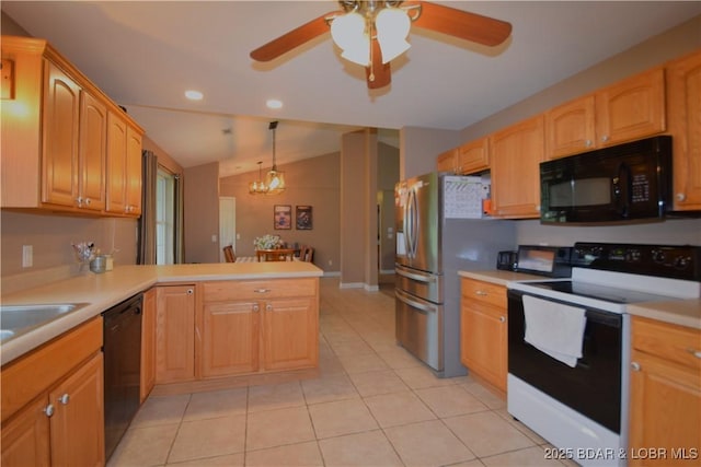 189 S Branch Ln, Eldon, MO 65026 - kitchen featuring black appliances, a peninsula, light tile patterned floors, light countertops, and recessed lighting