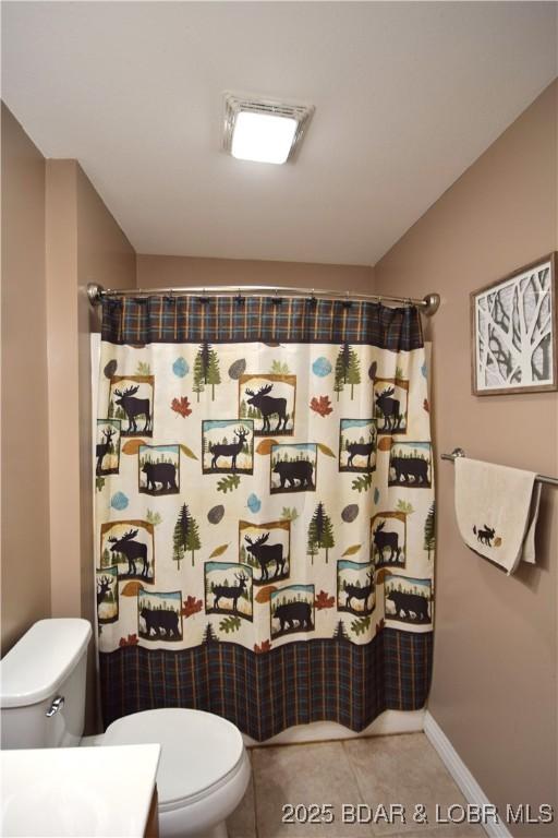 189 S Branch Ln, Eldon, MO 65026 - full bathroom with toilet, tile patterned flooring, a shower with curtain, vanity, and baseboards