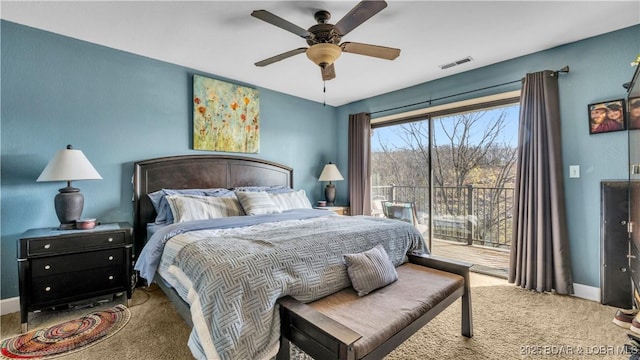 101 Circle Edge Unit 20-3A, Lake Ozark, MO 65049 - bedroom featuring access to outside, carpet floors, baseboards, and a ceiling fan