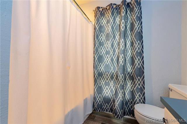 1556 Mockingbird Ln, Osage Beach, MO 65065 - bathroom featuring toilet, vanity, wood finished floors, and curtained shower