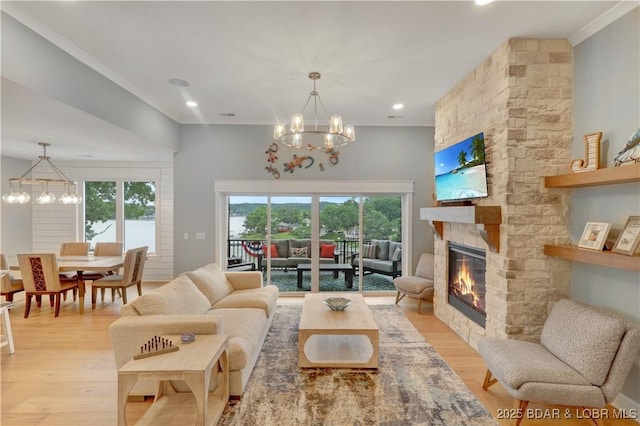 152 Pearl Ln, Climax Springs, MO 65324 - living room featuring a chandelier, plenty of natural light, light wood finished floors, crown molding, and recessed lighting
