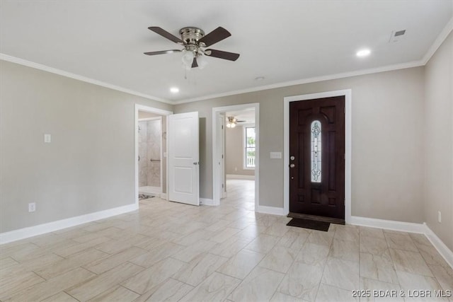 608 8th St, Eldon, MO 65026 - entrance foyer featuring a ceiling fan, crown molding, baseboards, and recessed lighting