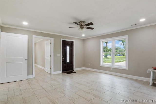 608 8th St, Eldon, MO 65026 - entrance foyer with a ceiling fan, crown molding, recessed lighting, and baseboards