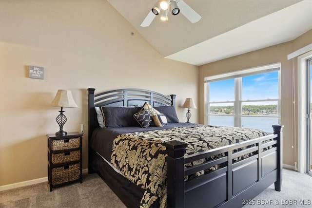 1481 Ledges Dr Unit 1047, Osage Beach, MO 65065 - carpeted bedroom featuring a water view, multiple windows, lofted ceiling, and a ceiling fan