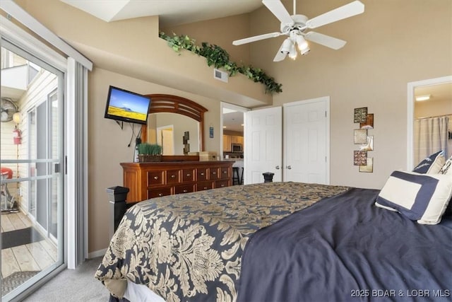 1481 Ledges Dr Unit 1047, Osage Beach, MO 65065 - carpeted bedroom with access to outside, high vaulted ceiling, and a ceiling fan