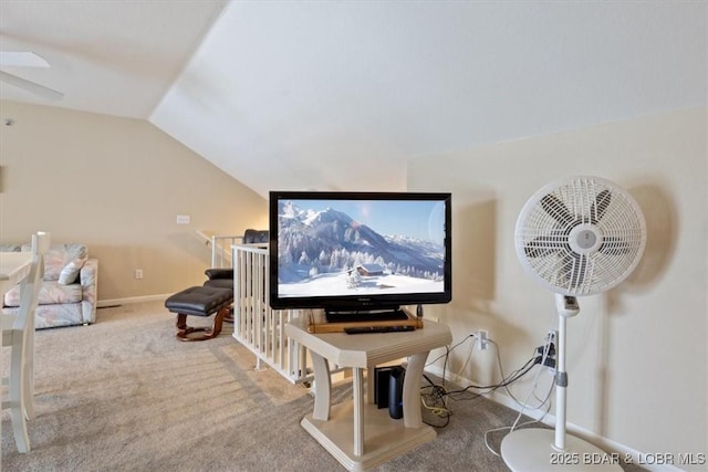 1481 Ledges Dr Unit 1047, Osage Beach, MO 65065 - home theater room with carpet, lofted ceiling, and a ceiling fan