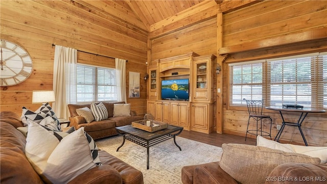 1624 Kays Point Rd, Four Seasons, MO 65049 - living area with wooden walls, wood ceiling, wood finished floors, and high vaulted ceiling