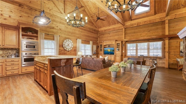 1624 Kays Point Rd, Four Seasons, MO 65049 - dining room with a chandelier, wooden ceiling with exposed beams, wooden walls, high vaulted ceiling, and ceiling fan