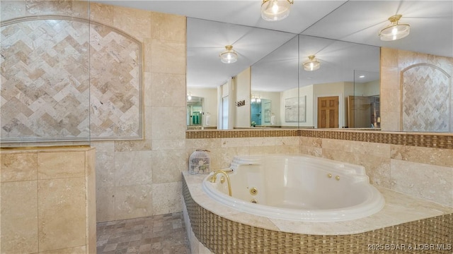 1624 Kays Point Rd, Four Seasons, MO 65049 - full bath featuring a jetted tub, a walk in shower, and tile walls