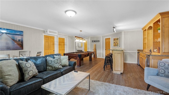 1624 Kays Point Rd, Four Seasons, MO 65049 - living room featuring crown molding, dark wood-type flooring, and pool table